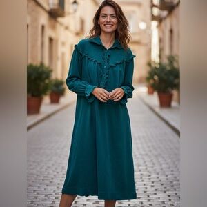 Vintage 90s Ralph Lauren Green Corduroy Ruffle Shift Midi Dress 8
